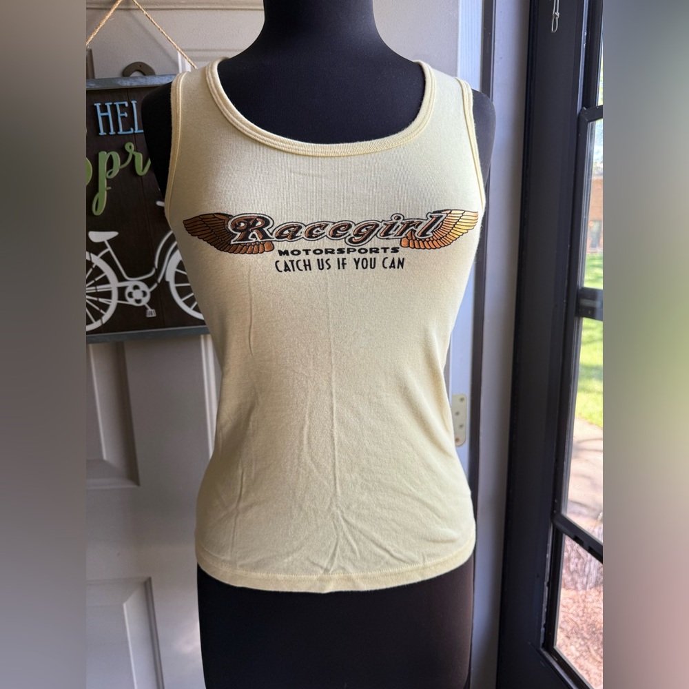 Vintage 90s Y2K Race Girl Motorsports yellow logo tank top, size large